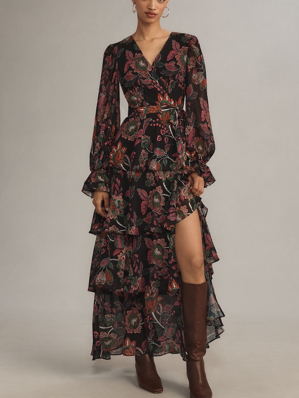 Anthropologie (Hutch) Black Floral Tiered Wrap Maxi with Pink and Green Motif